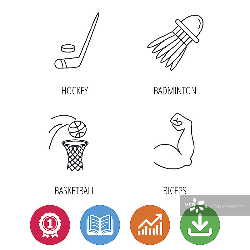 冰球、篮球和羽毛球图标。图片素材