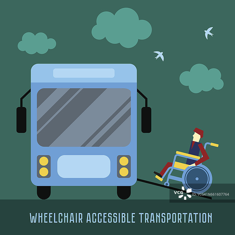轮椅可以运输。巴士接送乘客。访问总线。公共汽车上供残疾人使用的匝道。平面向量插图图片素材