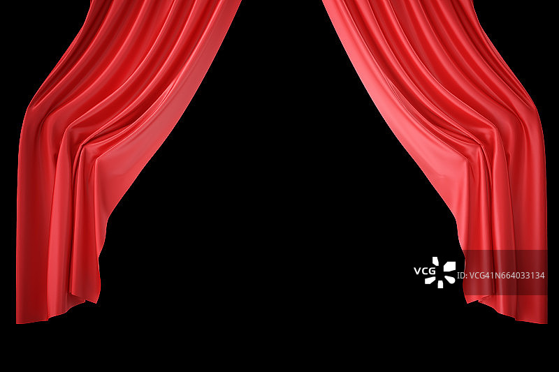 红色天鹅绒舞台窗帘，猩红色剧院窗帘。丝质古典窗帘，红色剧场窗帘。三维渲染图片素材