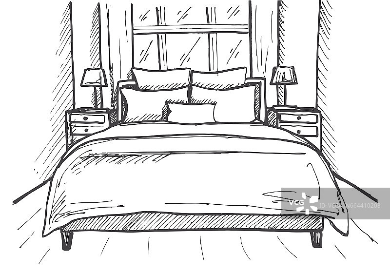 手绘草图。室内的线性草图。草图线间卧室。矢量插图。房间的计划。图片素材