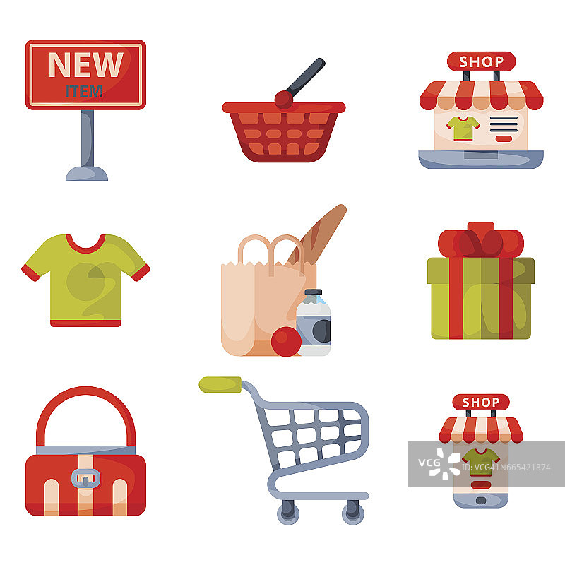 超市杂货店购物复古卡通图标设置与顾客购物车，篮子，食品和商业产品孤立矢量插图图片素材