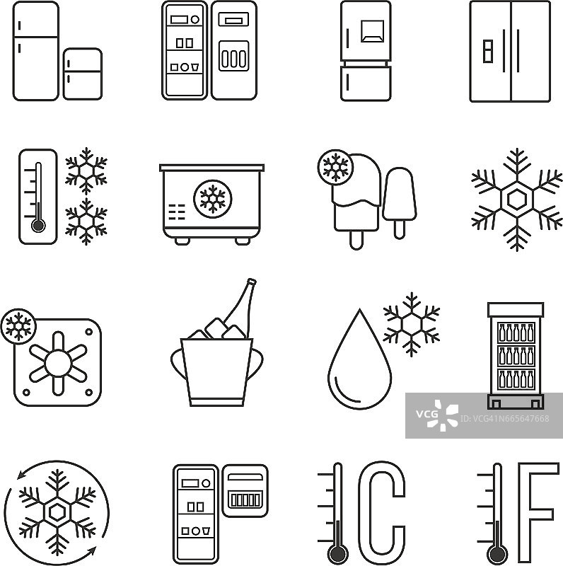 冰箱，家用冰柜和工业冰箱线性图标。食品冷冻和冷冻机细线标志图片素材