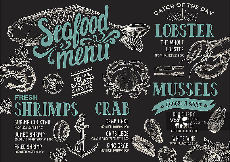 海鲜餐厅菜单。图片素材