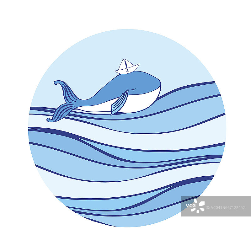 蓝鲸与纸船在头卡通插图孤立在波浪的背景，矢量彩色涂鸦动物，圆形框架，字符设计的贺卡，儿童邀请，婴儿送礼图片素材