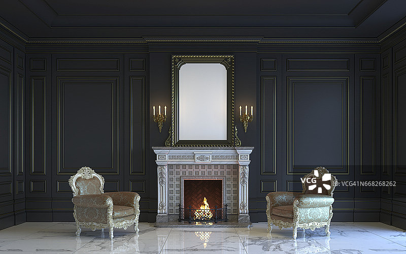 经典的室内设计采用了暗色调，并配有壁炉。3 d渲染。图片素材