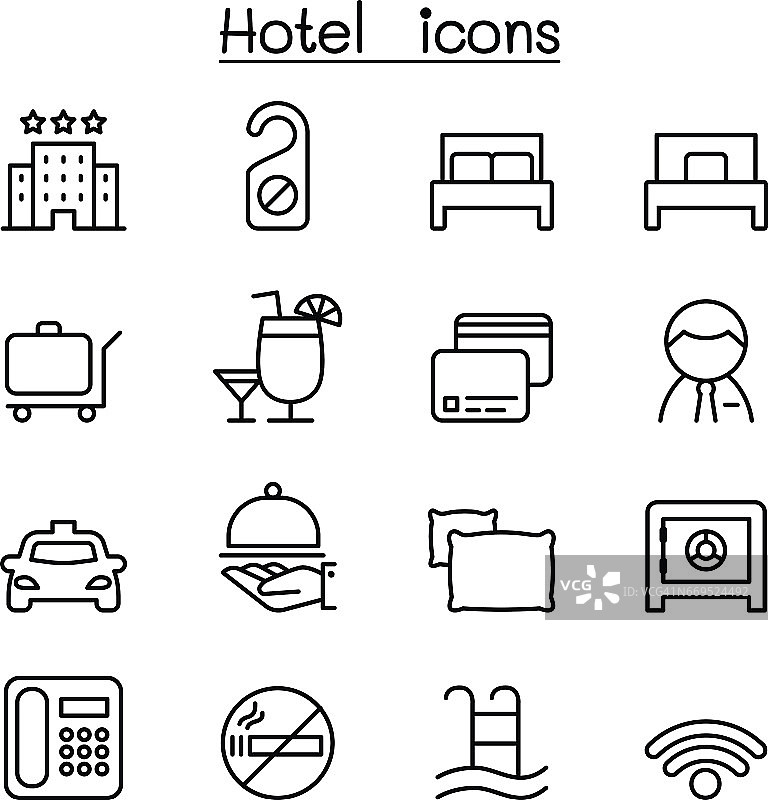 酒店图标设置在细线风格图片素材