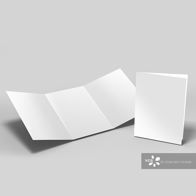 三折A5宣传册模型，真实渲染的三折A5/A4宣传册模型上孤立的白色背景，3D插图图片素材