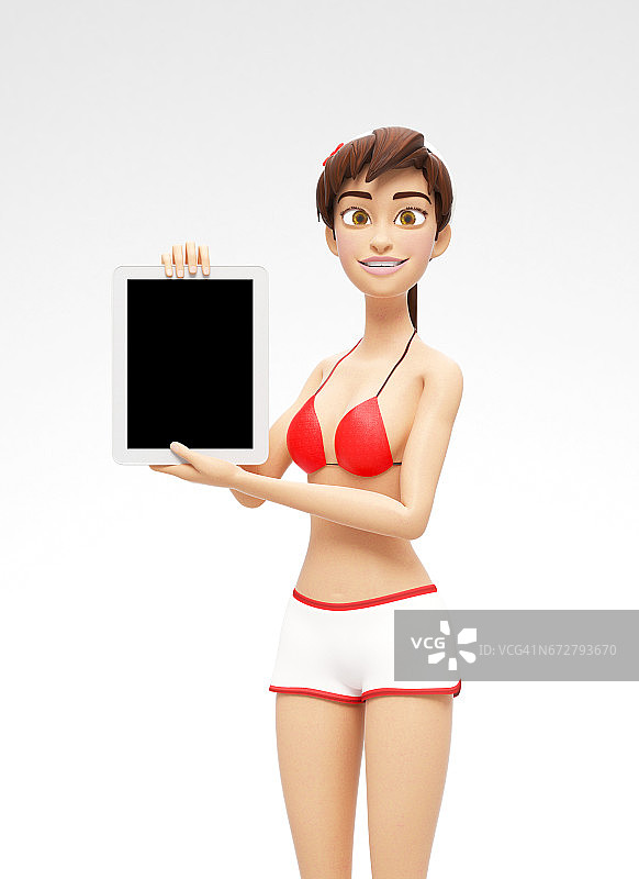 平板设备模型与空白屏幕持有微笑和快乐的珍妮-在泳衣比基尼的3D卡通女性角色图片素材