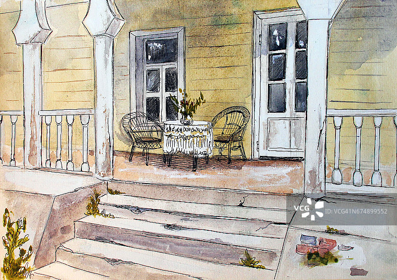 复古阳台，水彩手绘插图图片素材