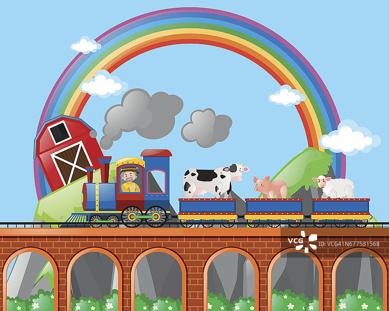农夫和动物坐在火车上图片素材