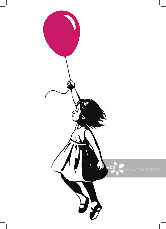 小女孩用红色气球漂浮，街头涂鸦艺术风格图片素材