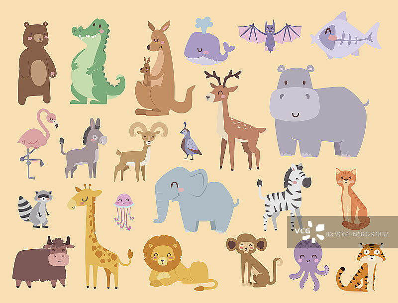 可爱的动物园卡通动物孤立有趣的野生动物学习可爱的语言和热带自然狩猎哺乳动物丛林高大的字符矢量插图图片素材