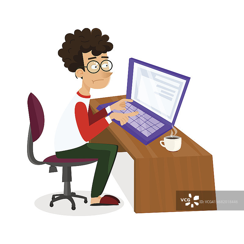 矢量卡通年轻程序员是与笔记本电脑工作。EPS10说明学生学习过程或寻找工作坐在家里图片素材