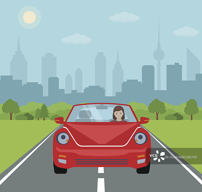 年轻女子开着一辆红色汽车，背景是城市。图片素材