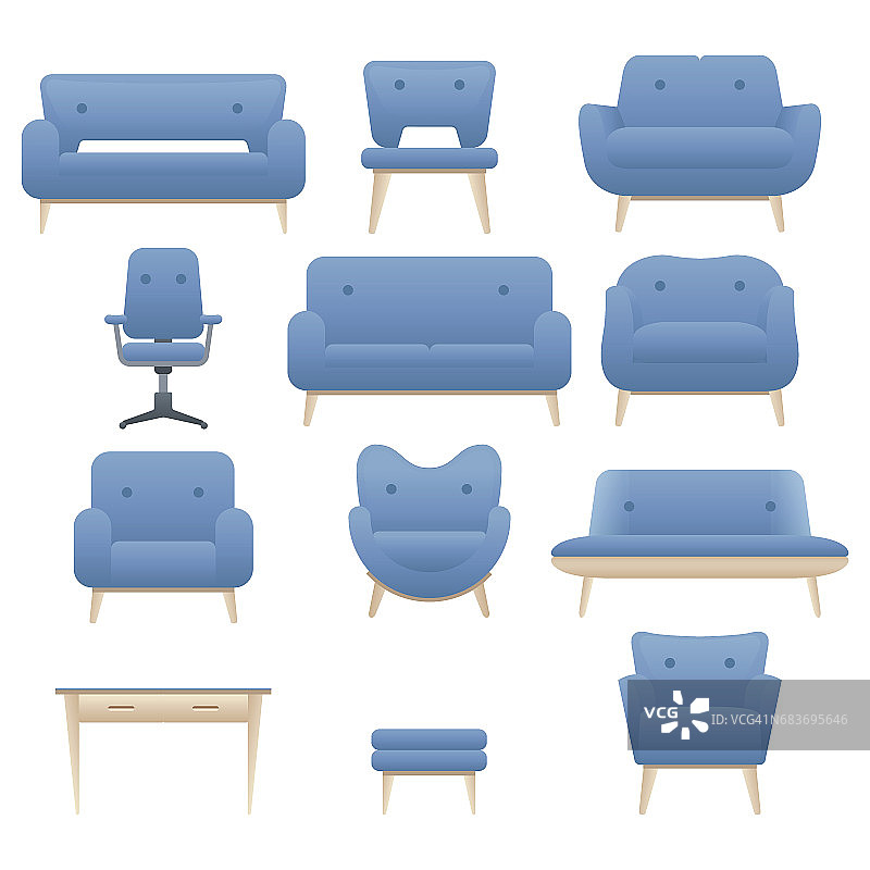 图标一套现代家具椅子，扶手椅和沙发。家庭室内设计。图片素材