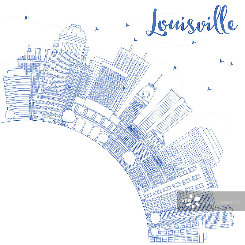 用蓝色建筑和复制空间勾勒出路易斯维尔的天际线。图片素材