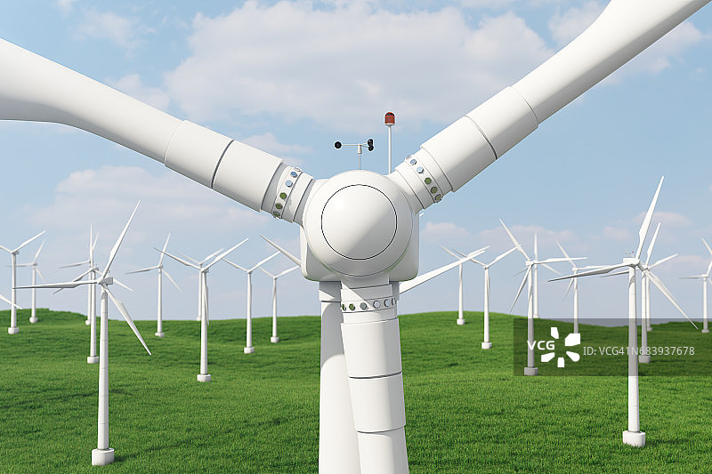 3d插图，涡轮机在草地上。概念替代电源。生态能源，清洁能源图片素材