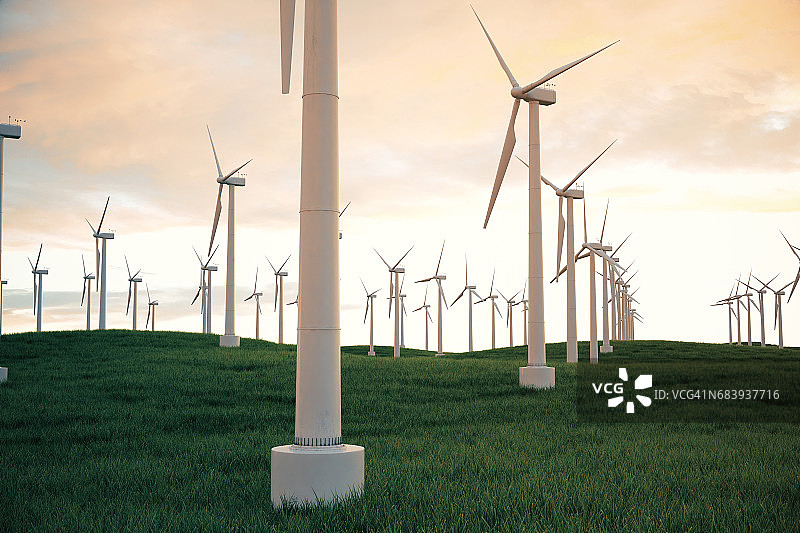 3d插图，风力涡轮机与日落天空。能源和电力。替代能源，生态或绿色发电机。电力、生态、技术、电力。图片素材