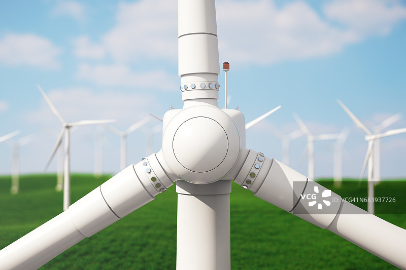 三维插图，涡轮机在田间，绿色，风力涡轮机，发电，生态动力。来自太阳的环保能源。未来的概念能源。图片素材