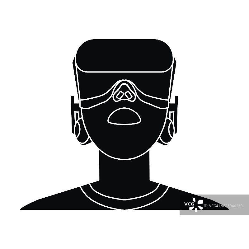 玩家与虚拟现实头黑色图标在黑色风格孤立的白色背景。虚拟现实符号股票矢量插图。图片素材