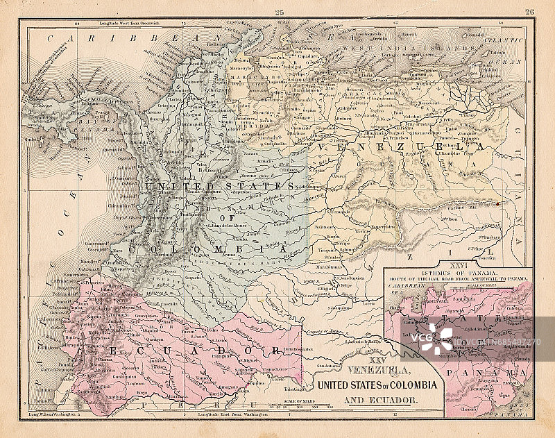 哥伦比亚 厄瓜多尔 委内瑞拉 地图 1867图片素材