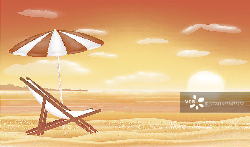 放松沙滩椅伞与日落海滩的背景图片素材