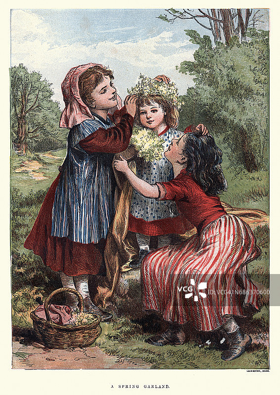 1870年，维多利亚时代的女孩们正在制作春天的花环图片素材