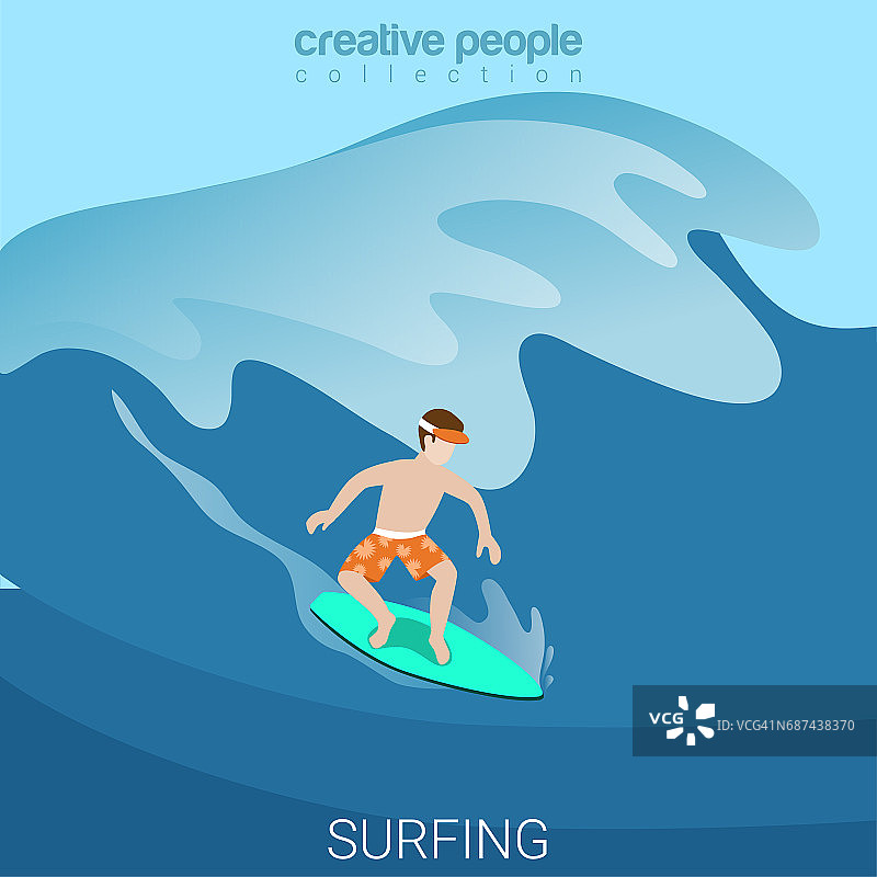 水上活动冲浪运动乐趣生活方式平面三维网络等角信息图向量。有创意的运动员人群集合。图片素材