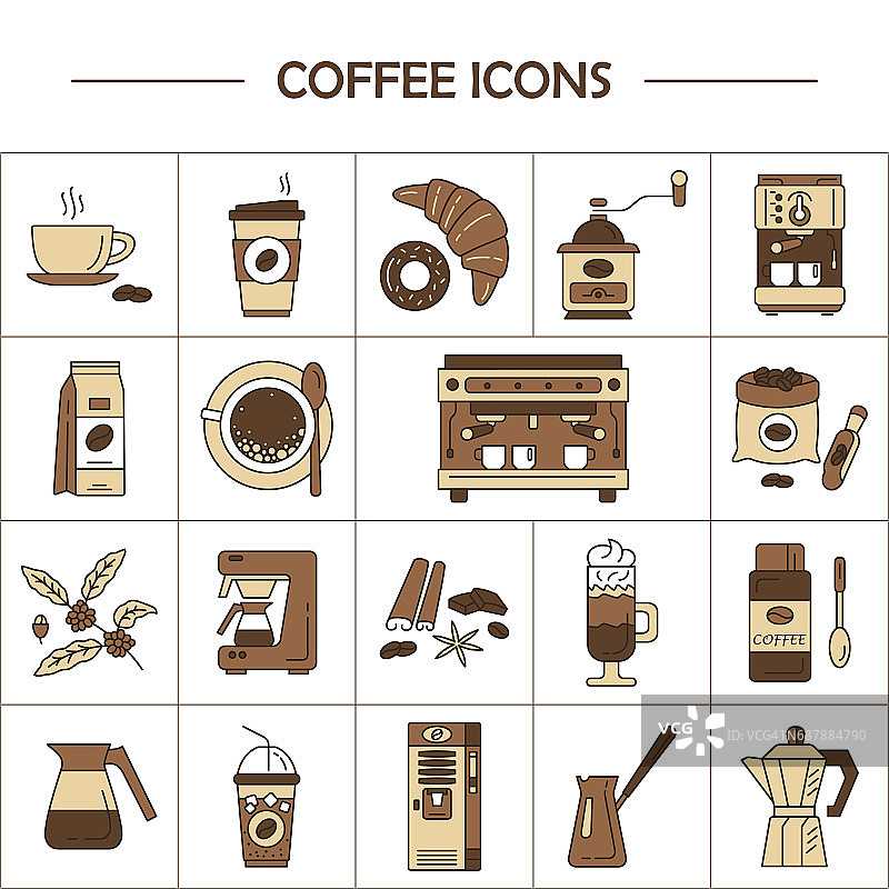 咖啡制作设备的矢量线图标。咖啡。图片素材