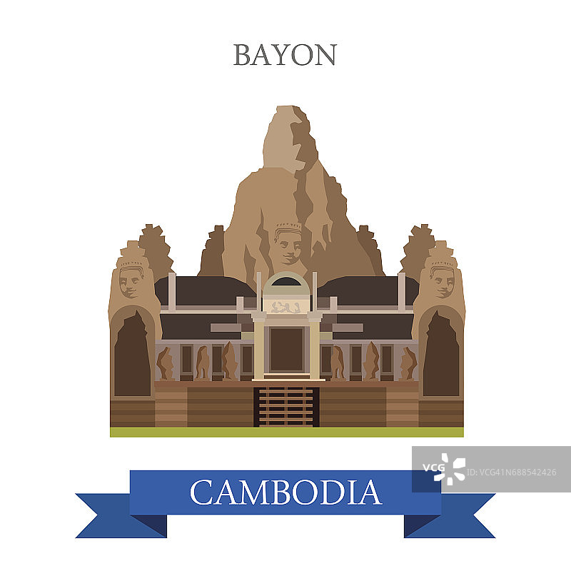 柬埔寨吴哥的巴戎高棉寺。平面卡通风格的历史景点展示景点网站矢量插图。世界各国城市度假旅游观光亚洲收藏。图片素材