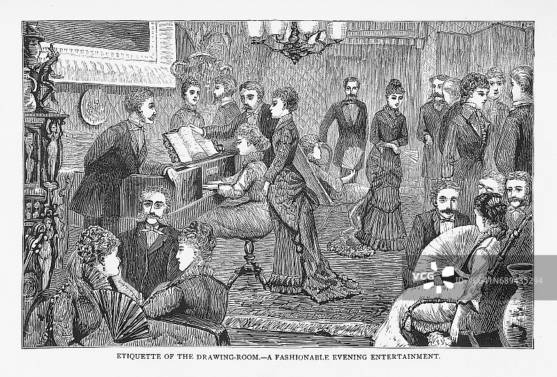 客厅的礼仪-时尚的晚上娱乐维多利亚版画，1879年图片素材