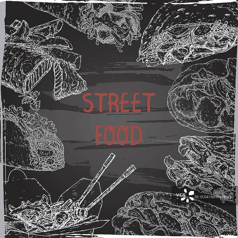 街头食物模板与传统菜肴的草图在黑板的背景。图片素材