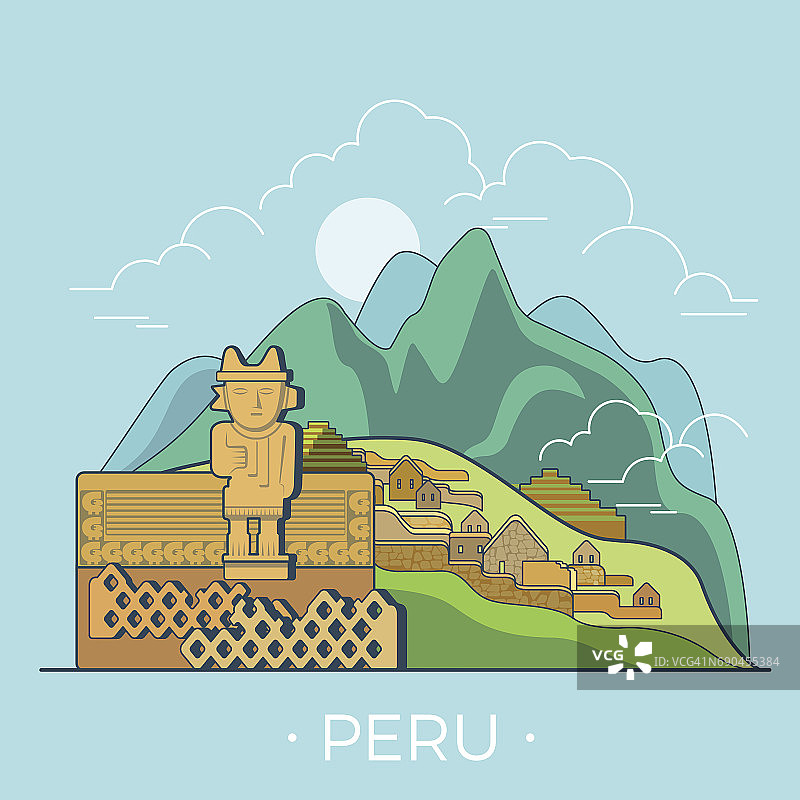 秘鲁国家设计模板。线性平坦著名历史景观;卡通风格的网站矢量插图。美国世界旅游胜地，美国度假收藏。图片素材