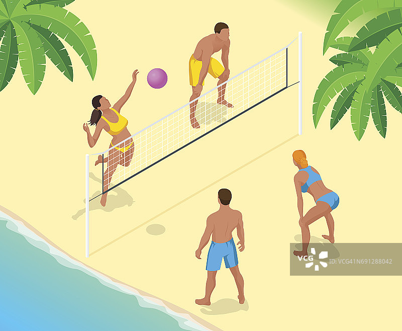 沙滩排球运动员在网上跳，并试图阻止球。夏季活跃的假期概念。向量等距插图图片素材