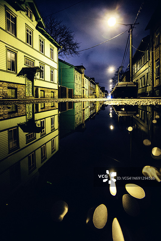 街道倒映在水坑里-爱沙尼亚塔林图片素材