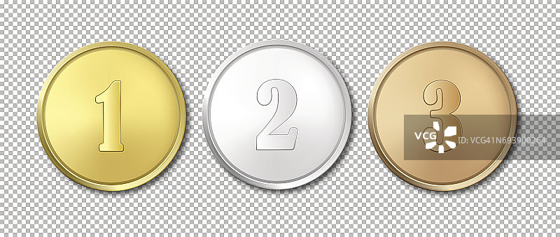 真实的矢量金，银和铜奖奖章图标设置隔离在透明的背景。设计模板。一、二、三等奖图片素材