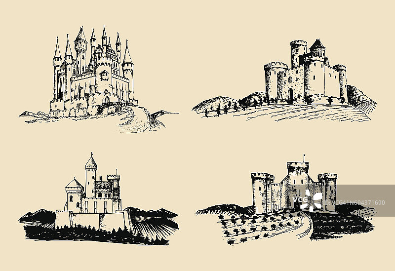 向量旧城堡插图设置。手绘古塔与田园和山丘的建筑景观。图片素材