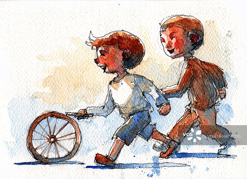 两个男孩玩旧自行车轮子的水彩画插图图片素材