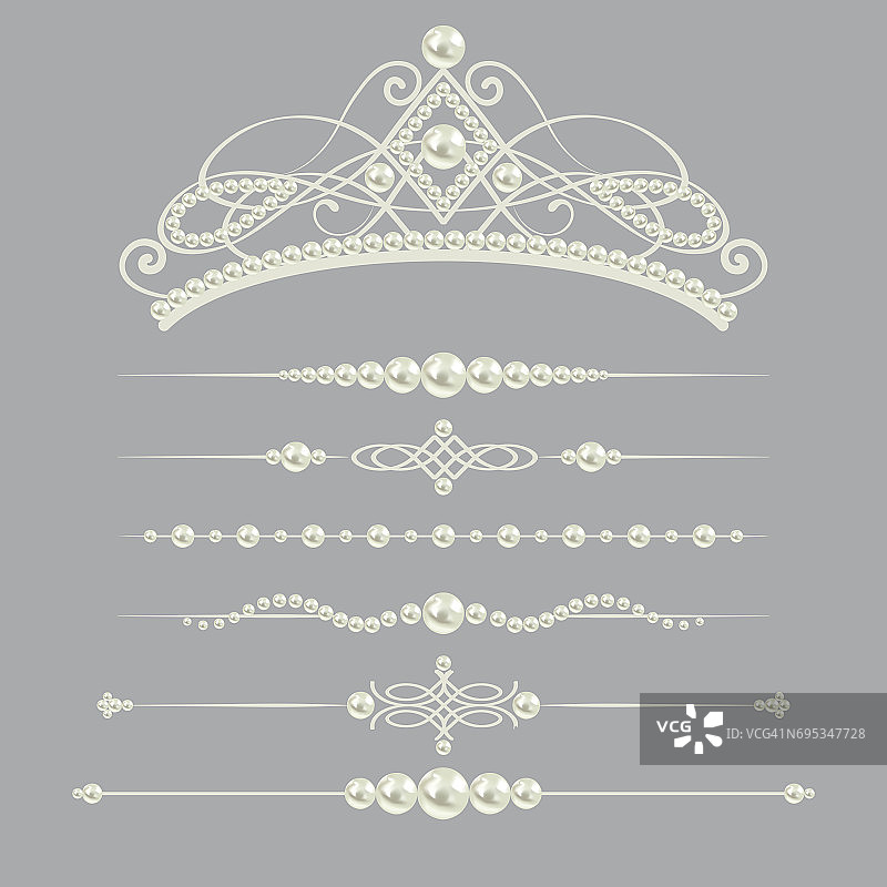 白色现实珍珠分隔集与王冠孤立在灰色背景。矢量插图。图片素材