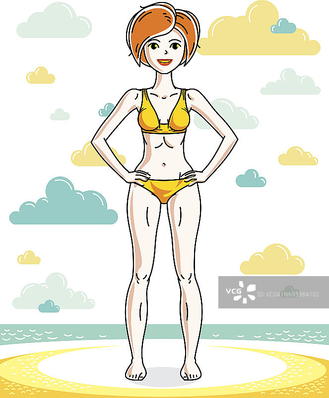 快乐漂亮的年轻红发女人站在热带海滩上，穿着泳衣。向量的性格。暑假的主题。图片素材