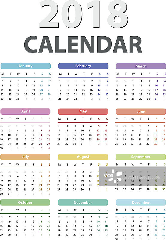 2018年日历周一开始，矢量日历设计2018年图片素材