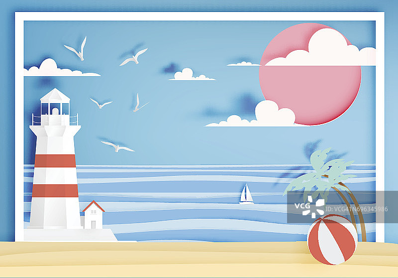美丽的沙滩纸艺术风格与框架图片素材