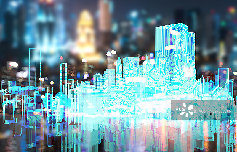 电网、智慧城市能源、电力配送链行业技术理念。建筑的3D渲染和模糊城市背景。图片素材