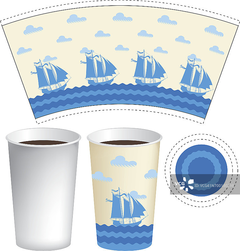 模板纸杯与海上的帆船图片素材