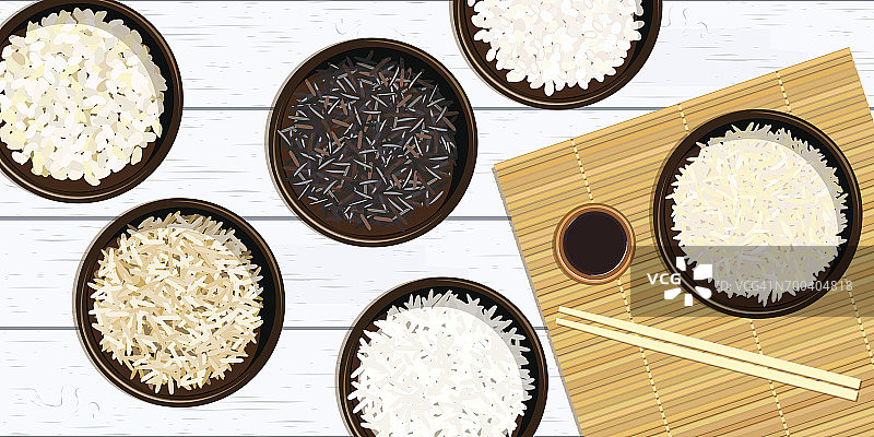 碗里有不同种类的米饭。印度香菇，野生的，茉莉花，茄子，寿司。筷子。图片素材