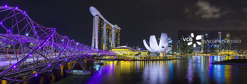 螺旋桥和天际线的夜景，新加坡，东南亚图片素材