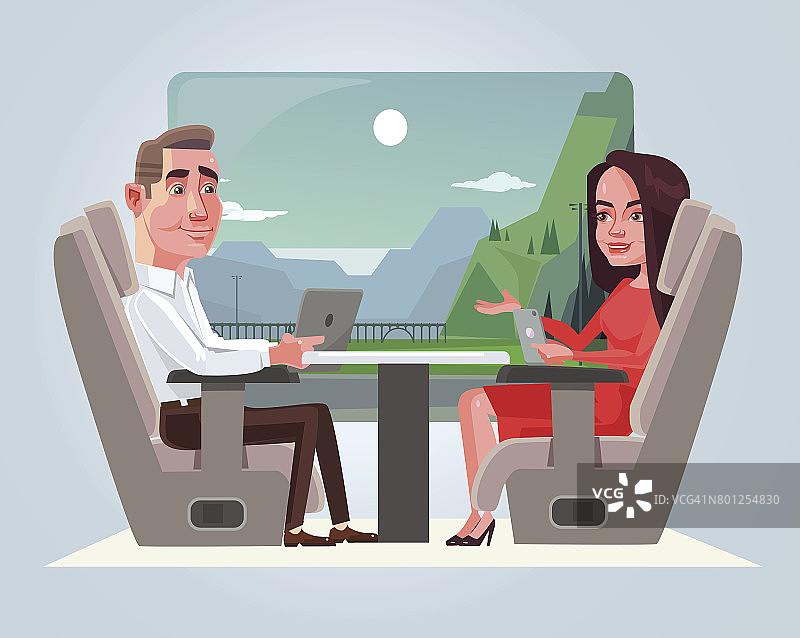 快乐微笑的商人男女人物在火车上交谈。旅游的概念图片素材