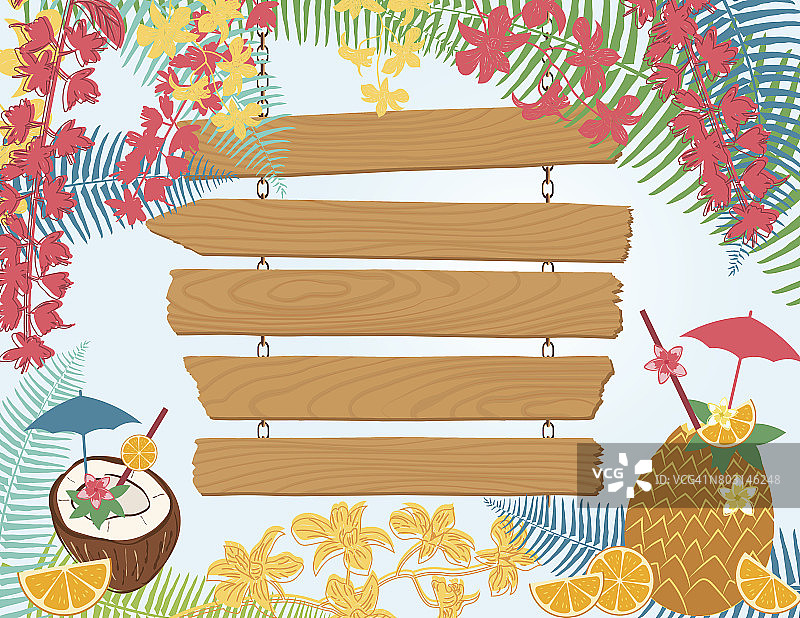 热带植物背景与悬挂木质标志图片素材