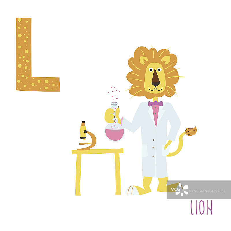 向量可爱的孩子动物字母表。字母L代表狮子图片素材
