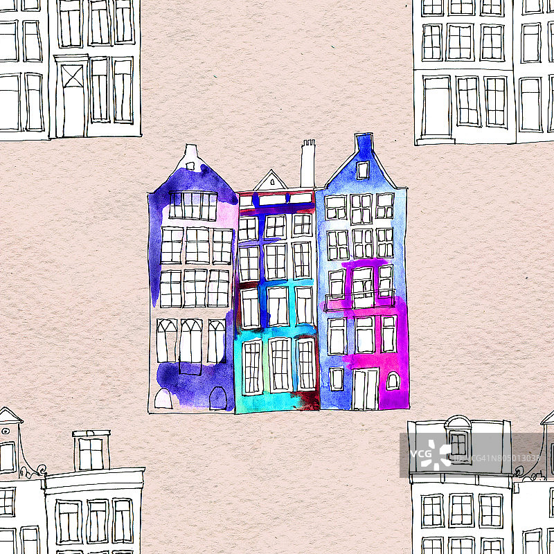 无缝模式的水彩阿姆斯特丹房子图片素材